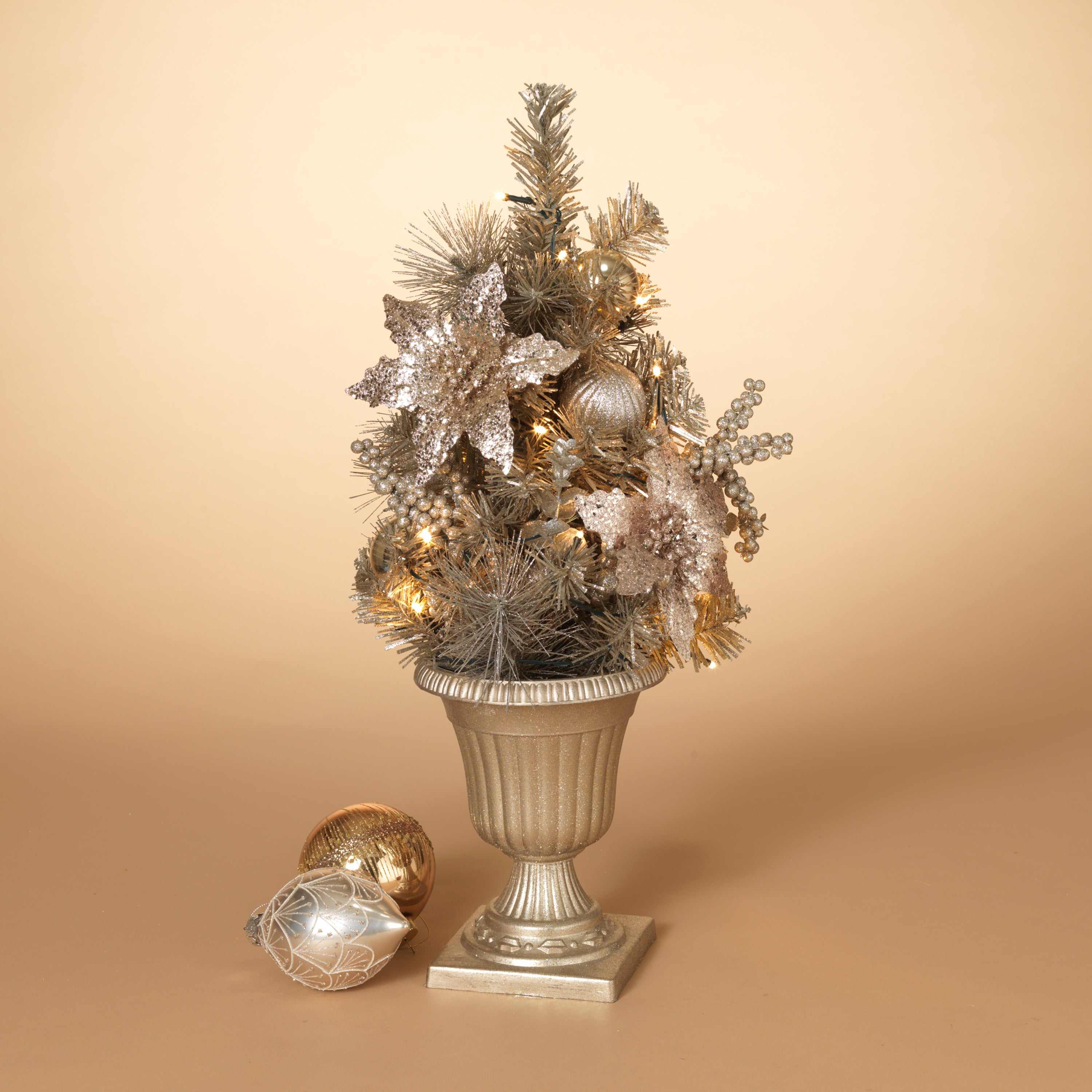 Lighted 24 in H Electric Lighted Holiday Champagne Tree with Poinsettia, Berries and Ornaments 2549070EC